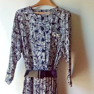 Vintage Tailored Professional Dress  Pleated Skirt, Belt -Navy / White  Size 14